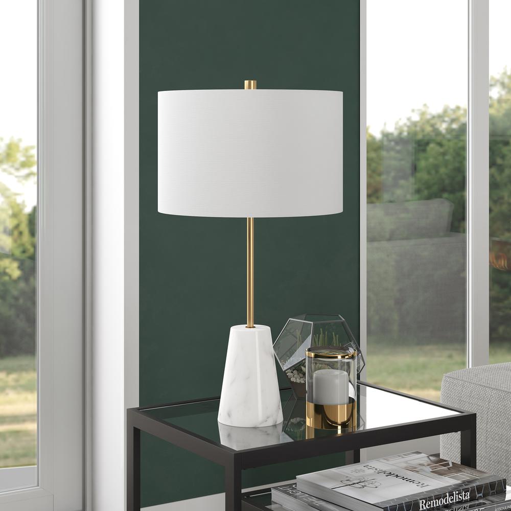 Killian 25.5" Marble Table Lamp with Fabric Shade in Brushed Brass. Picture 2