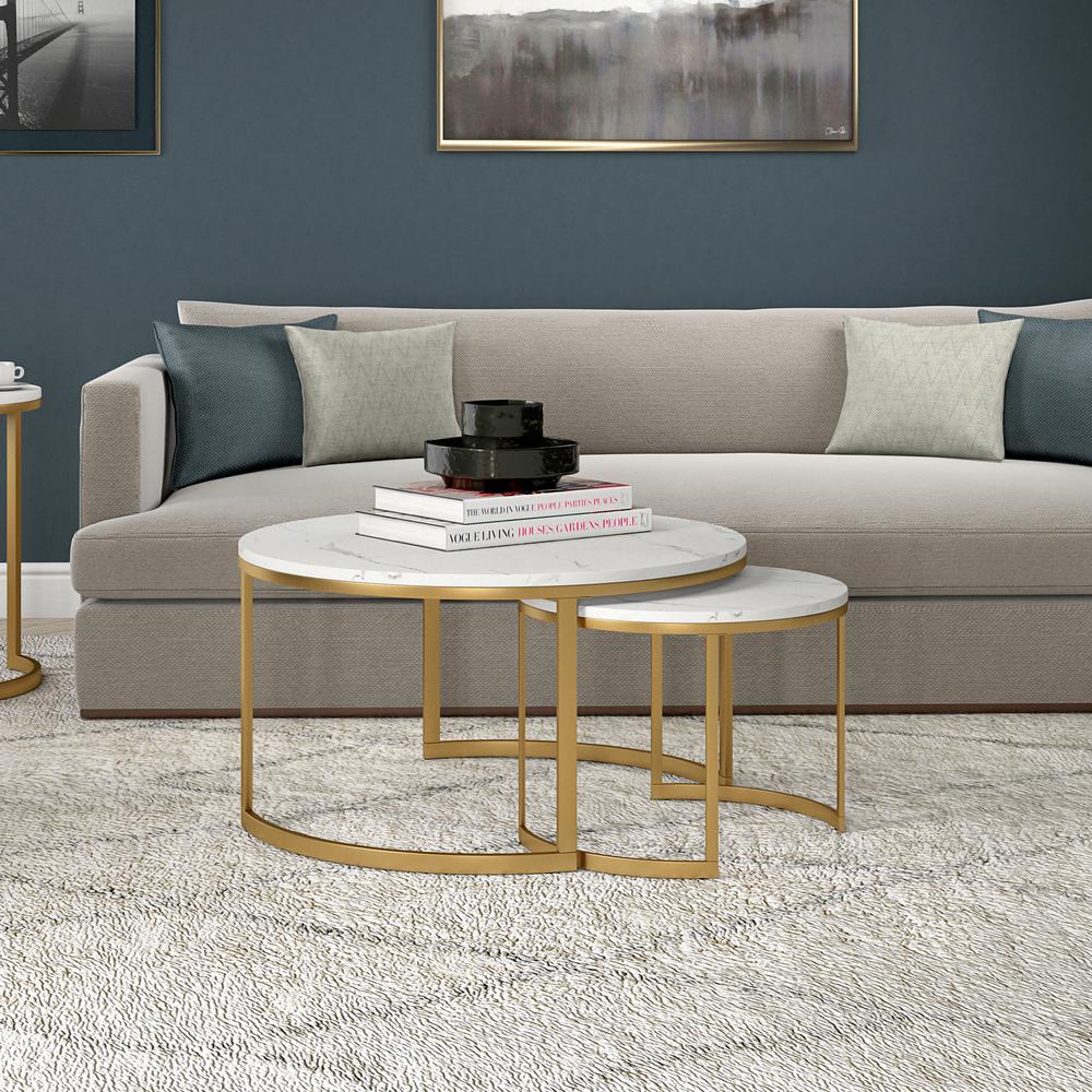 Mitera Round Nested Coffee Table with Faux Marble Top in Brass/Faux Marble. Picture 4