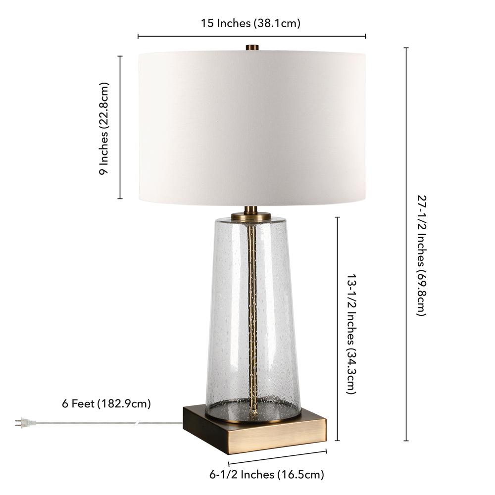 Dax 27.5" Tall Table Lamp with Fabric Shade in Seeded Glass/Brass/White. Picture 5