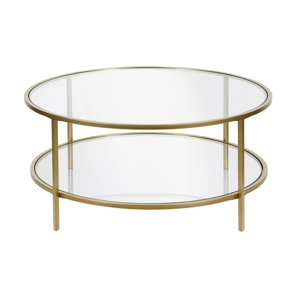 Sivil 36'' Wide Round Coffee Table with Glass Top in Brass. Picture 1