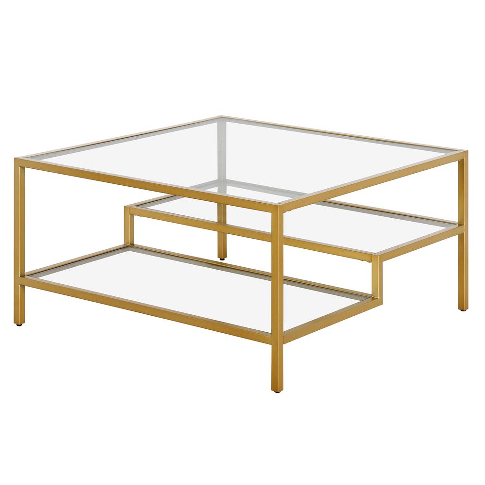 Lovett 32'' Wide Square Coffee Table in Brass. Picture 1