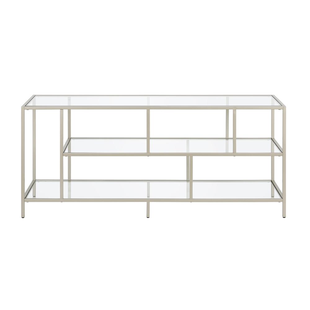 Winthrop Rectangular TV Stand with Glass Shelves for TV's up to 60" in Satin Nickel. Picture 3