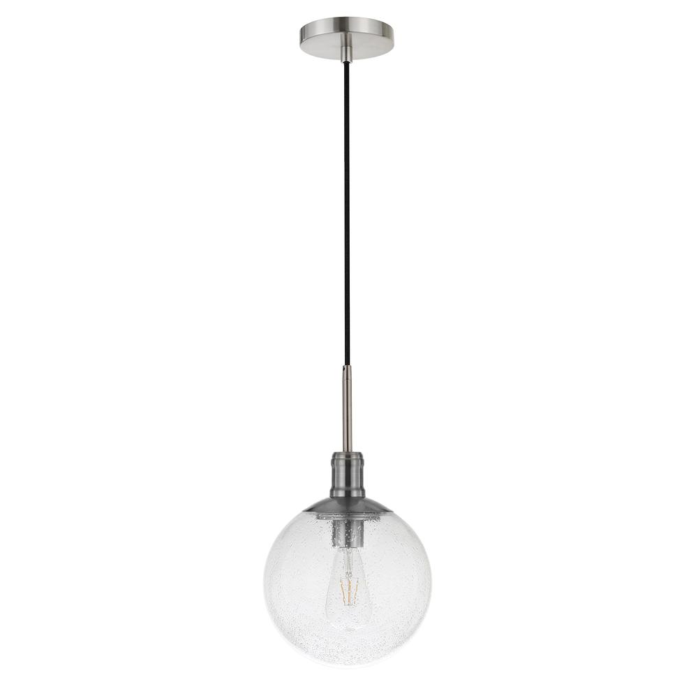 Walker 9" Wide Pendant with Glass Shade in Brushed Nickel /Seeded. Picture 1