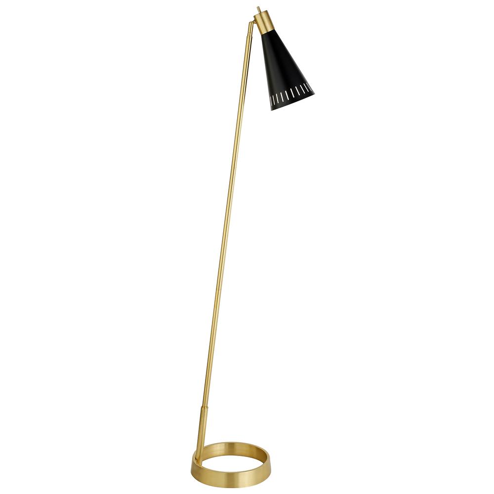 Kintam 62.25" Tall Floor Lamp with Metal Shade in Brushed Brass/Matte Black. Picture 1