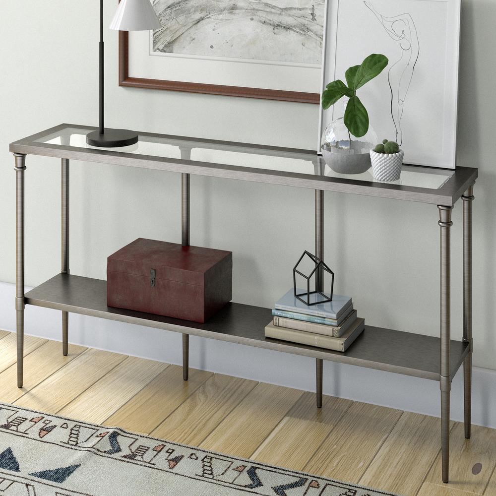 Dafna 55'' Wide Rectangular Console Table with Metal Shelf in Aged Steel. Picture 2