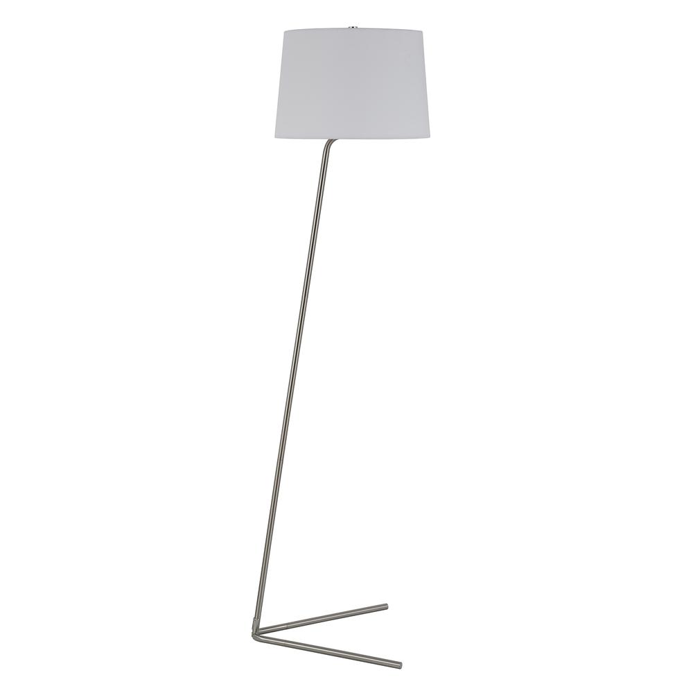Markos Tilted Floor Lamp with Fabric Shade in Brushed Nickel/White. Picture 1