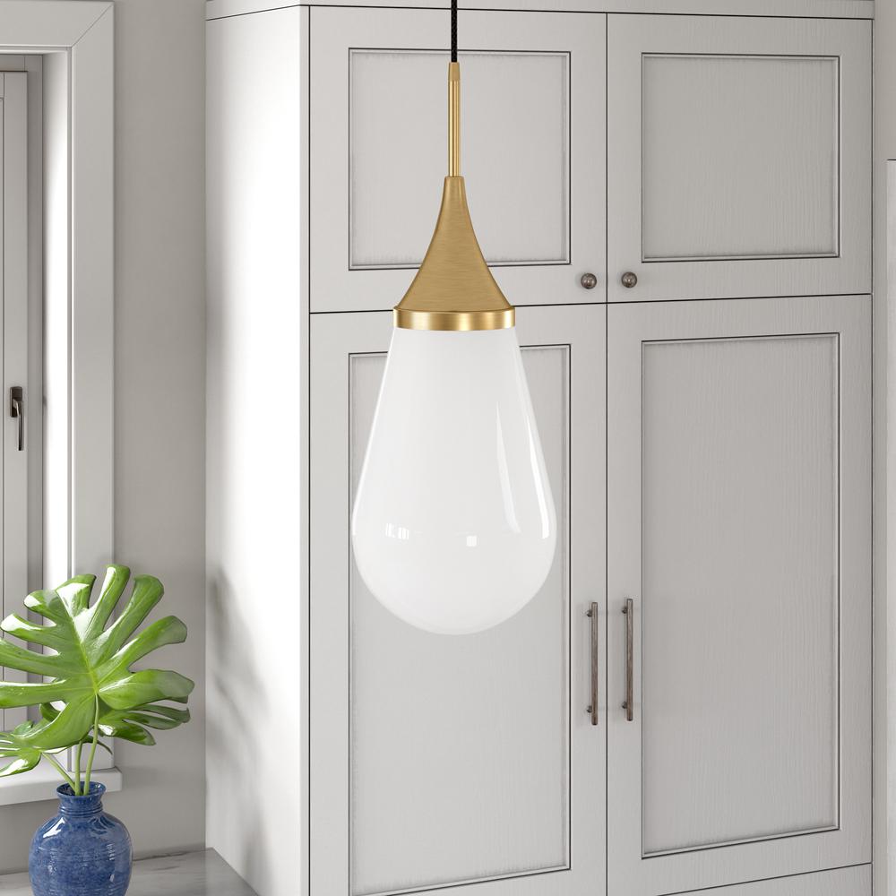 Ambrose 8.63" Wide Pendant with Glass Shade in Brass/Milk White. Picture 2
