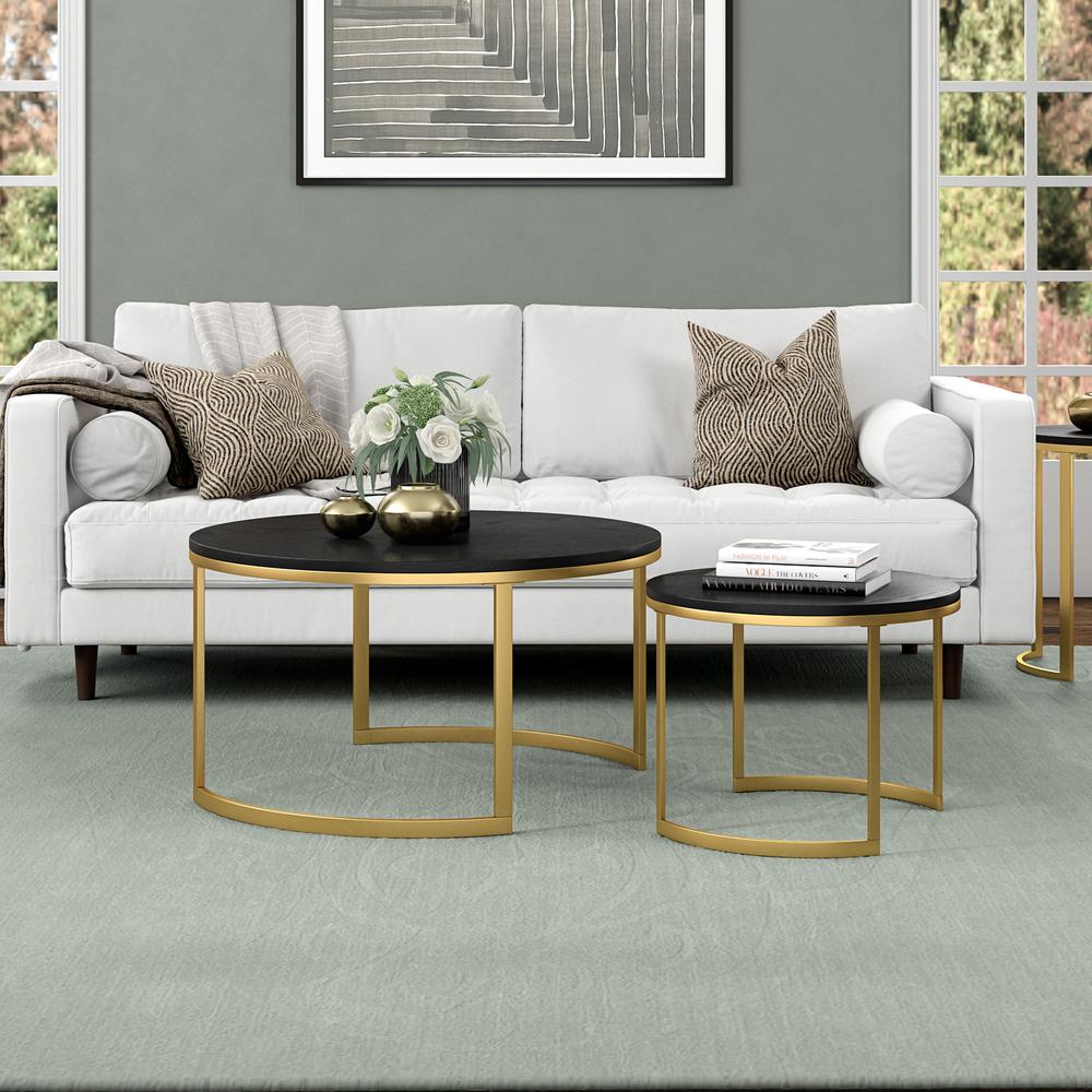 Mitera Round Nested Coffee Table with MDF Top in Brass/Black Grain. Picture 4