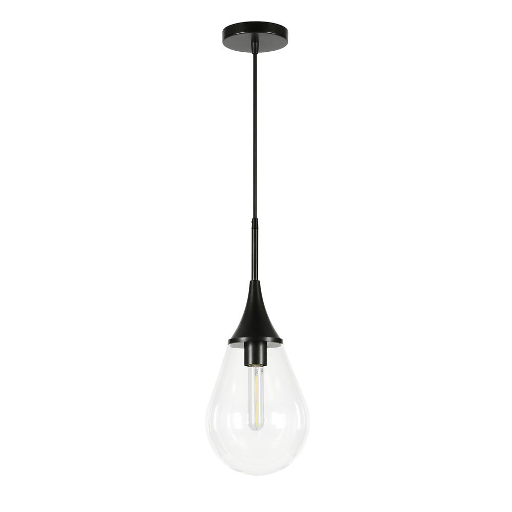Ambrose 7.63" Wide Pendant with Glass Shade in Blackened Steel/Clear. Picture 1