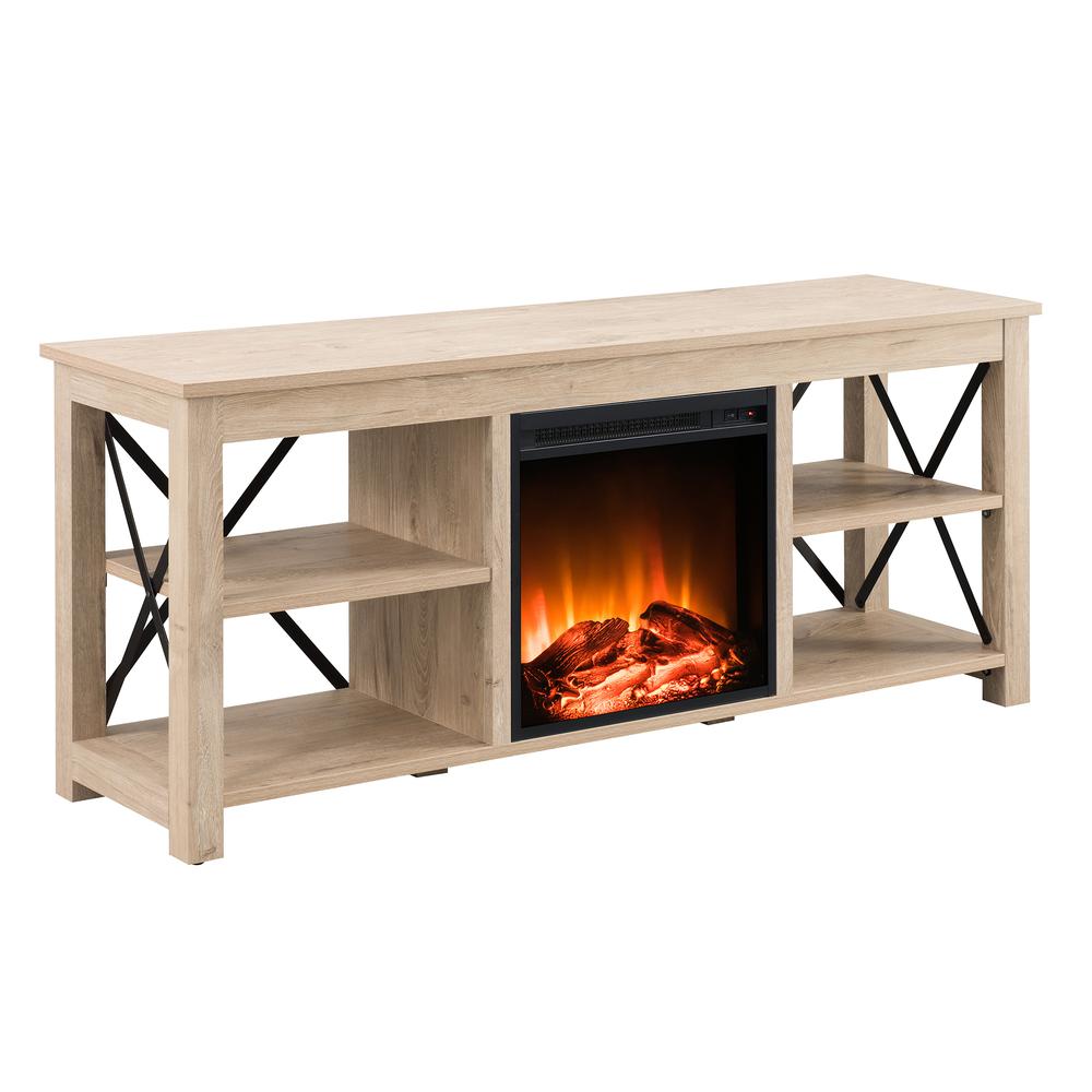 Sawyer Rectangular TV Stand with Log Fireplace for TV's up to 65" in White Oak. Picture 1