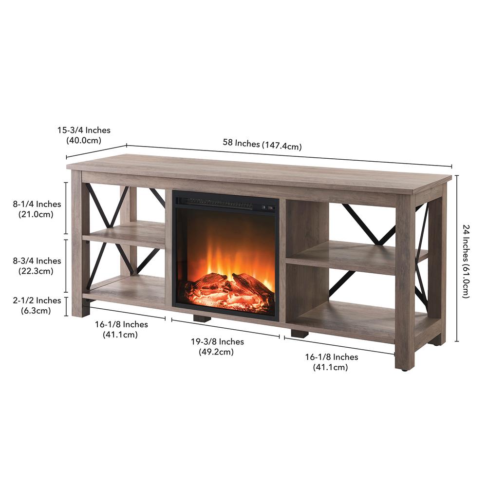 Sawyer Rectangular TV Stand with Log Fireplace for TV's up to 65" in Gray Oak. Picture 5