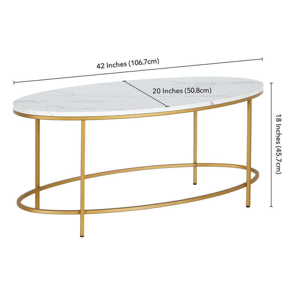 Francesca 42'' Wide Oval Coffee Table with Faux Marble Top in Brass/Faux Marble. Picture 5
