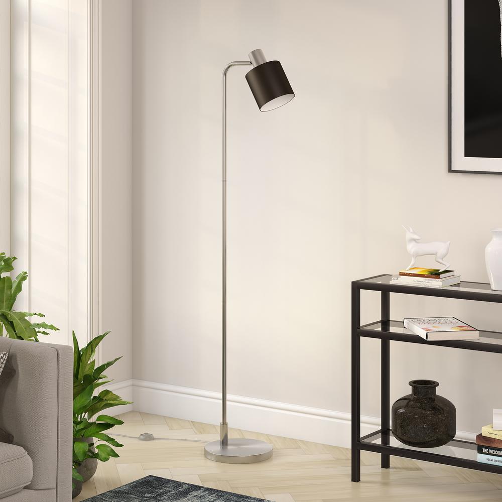 Thew 65" Tall Floor Lamp with Metal Shade in Nickel/Black. Picture 2
