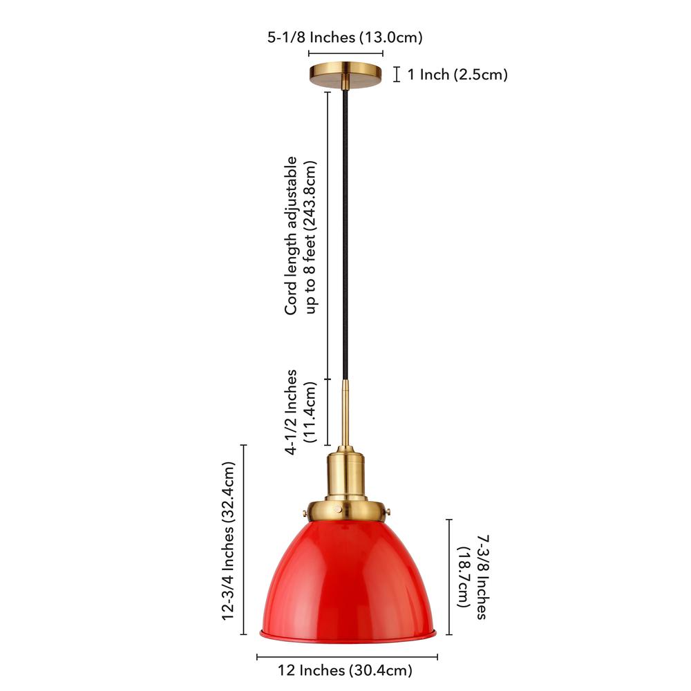 Madison 12" Wide Pendant with Metal Shade in Poppy Red/Brass/Poppy Red. Picture 3