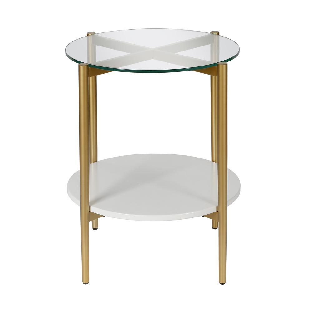 Otto 20'' Wide Round Side Table with MDF Shelf in Brass and White Lacquer. Picture 1