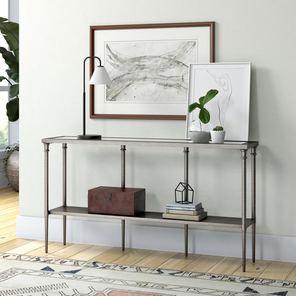 Dafna 55'' Wide Rectangular Console Table with Metal Shelf in Aged Steel. Picture 4