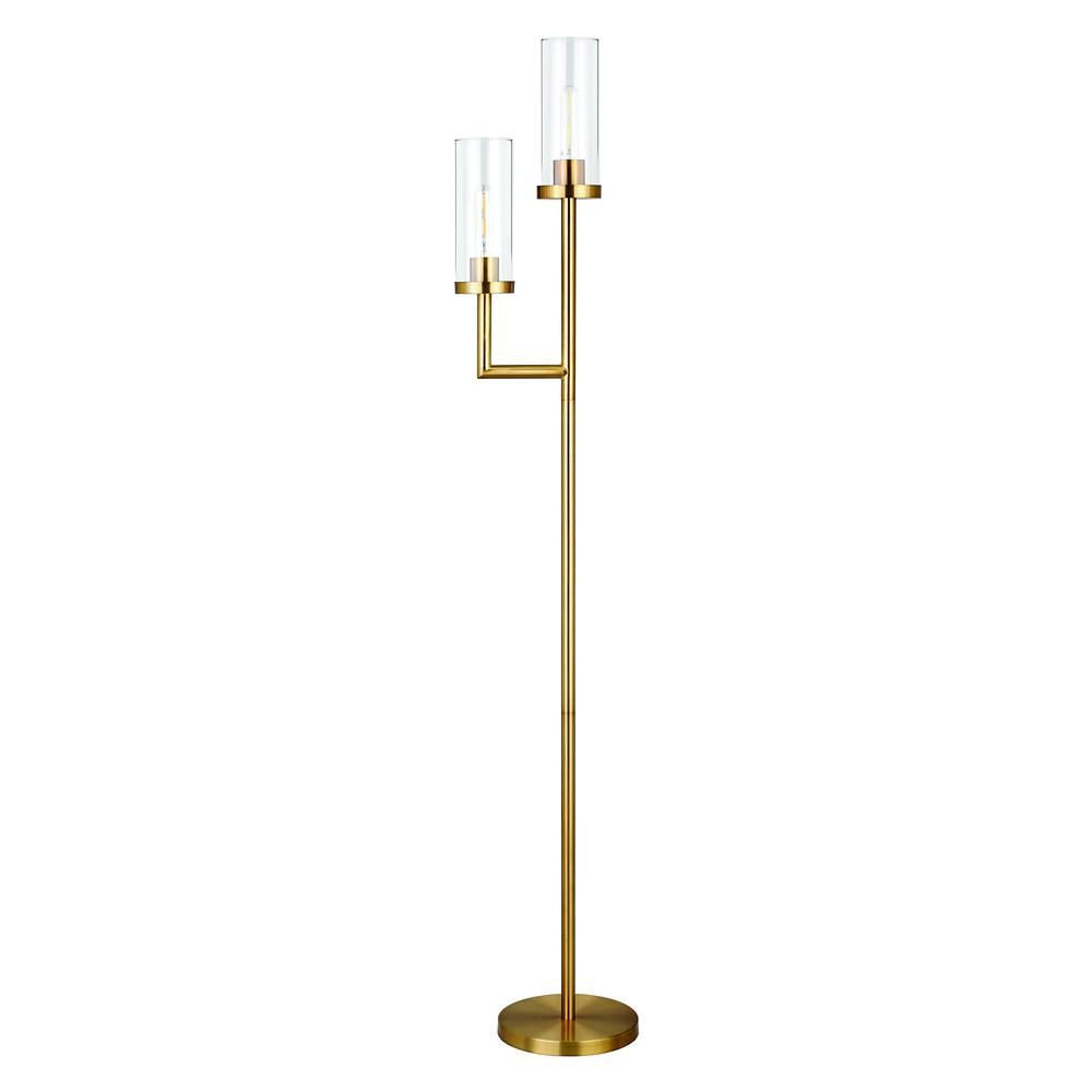 Basso 2-Light Torchiere Floor Lamp with Glass Shade in Brass/Clear. Picture 1