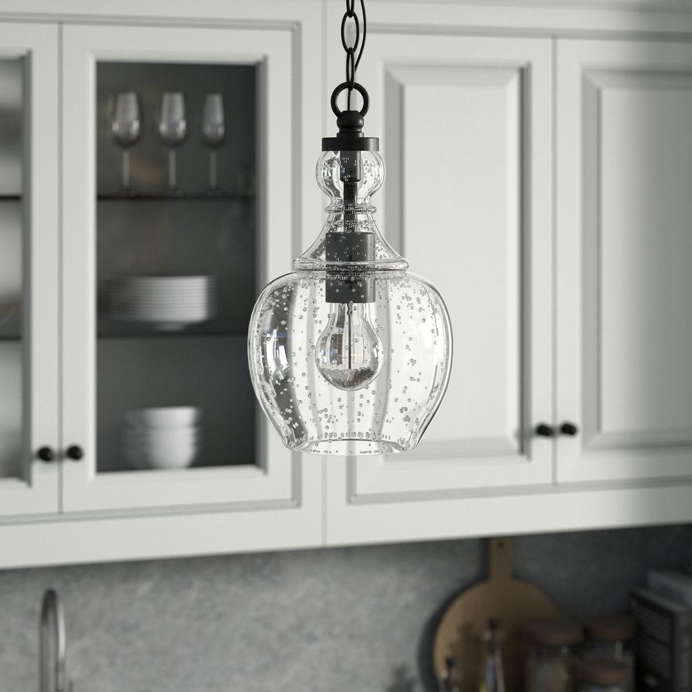 Verona 7" Wide Pendant with Glass Shade in Blackened Bronze/Seeded. Picture 2