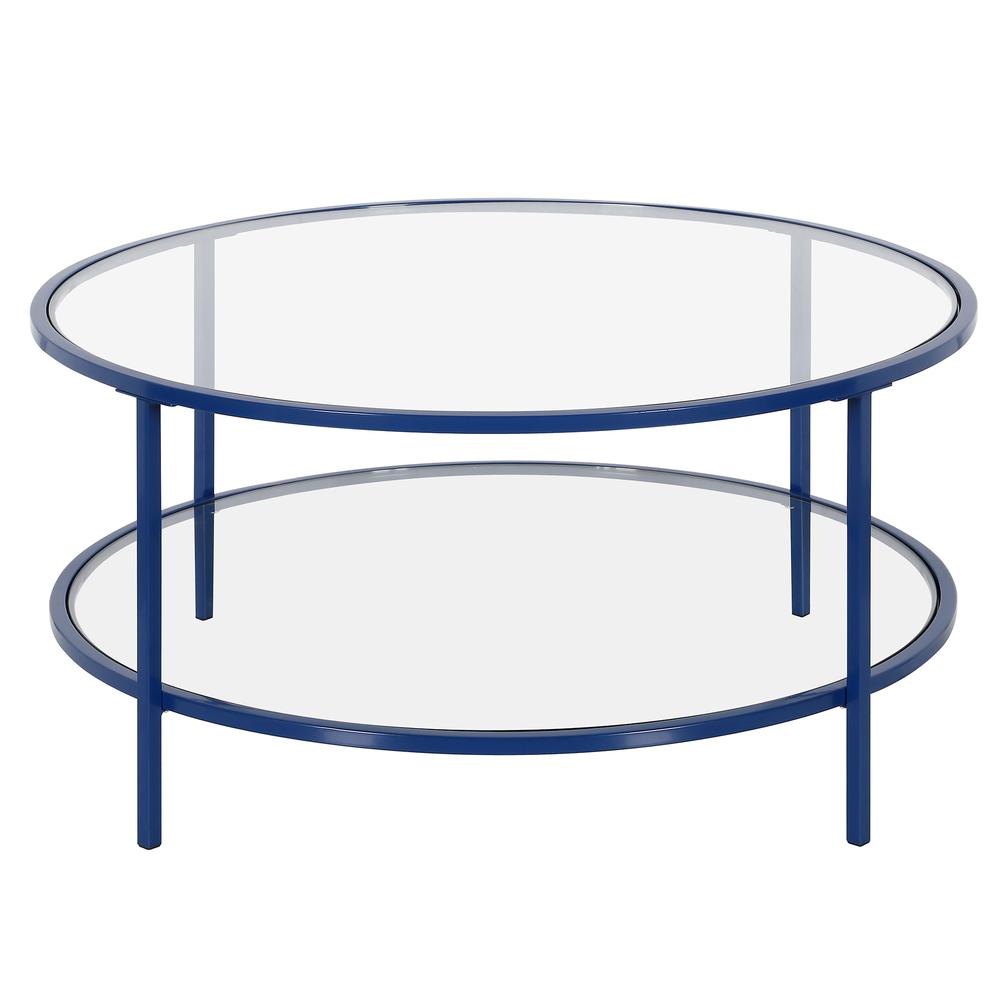 Sivil 36'' Wide Round Coffee Table with Glass Top in Mykonos Blue. Picture 3