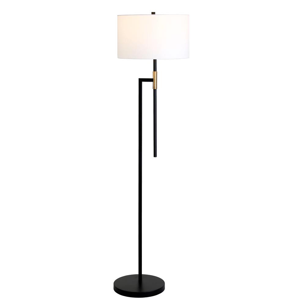 Nico 63" Tall Floor Lamp with Fabric Shade in Matte Black/Brass/White. Picture 3