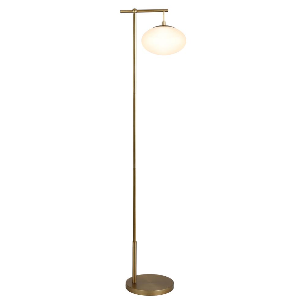 Blume 68" Tall Arc Floor Lamp with Glass Shade in Brushed Brass/Milk White. Picture 3