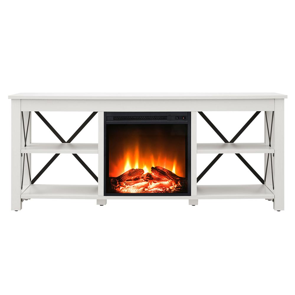 Sawyer Rectangular TV Stand with Log Fireplace for TV's up to 65" in White. Picture 3