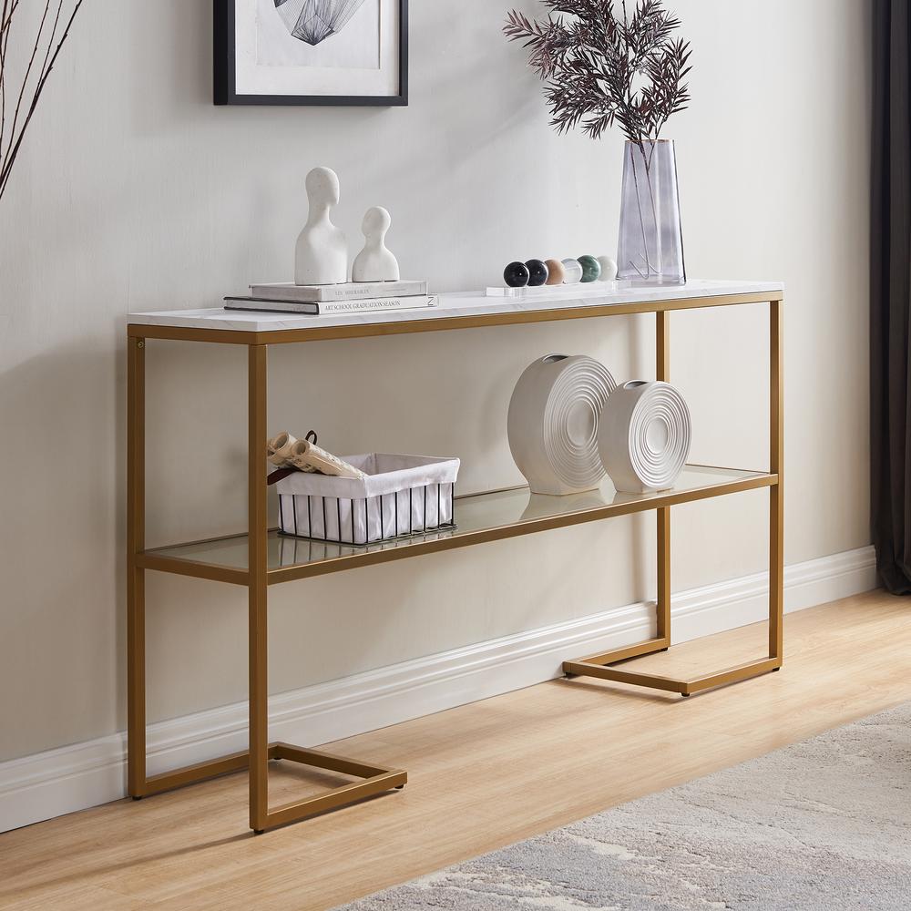 Errol 55'' Wide Rectangular Console Table with Faux Marble Top in Gold. Picture 2