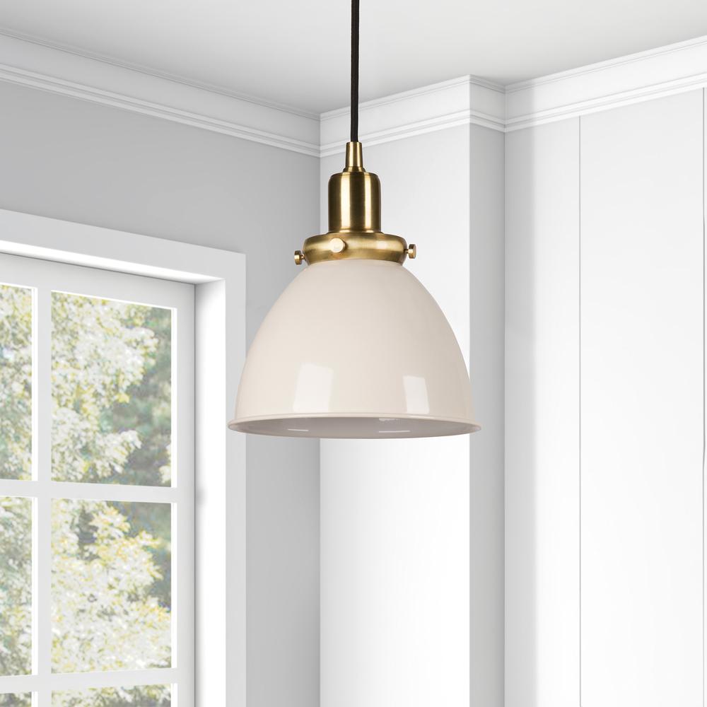 Madison 8" Wide Pendant with Metal Shade in Pearled White/Brass/Pearled White. Picture 2