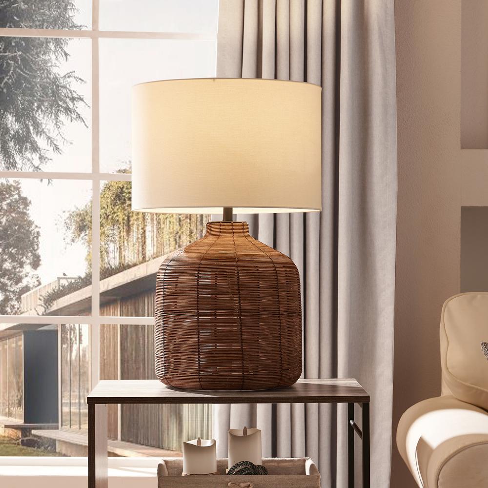 Jolina 26.5" Tall Oversized/Rattan Table Lamp with Fabric Shade in Umber Rattan/White. Picture 3