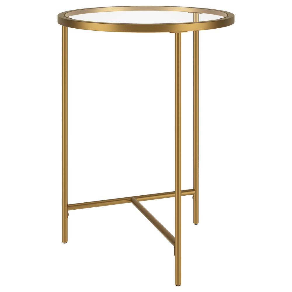 Berenson 18" Wide Round Side Table with Glass Top in Gold. Picture 1