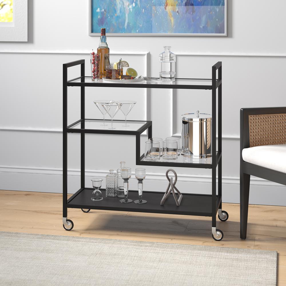 Lovett 33" Wide Rectangular Bar Cart with Glass and Metal Shelves in Blackened Bronze. Picture 2