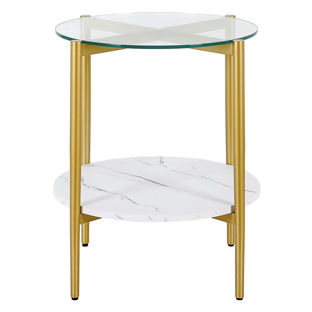 Otto 20'' Wide Round Side Table with Faux Marble Shelf in Gold and Faux Marble. Picture 3