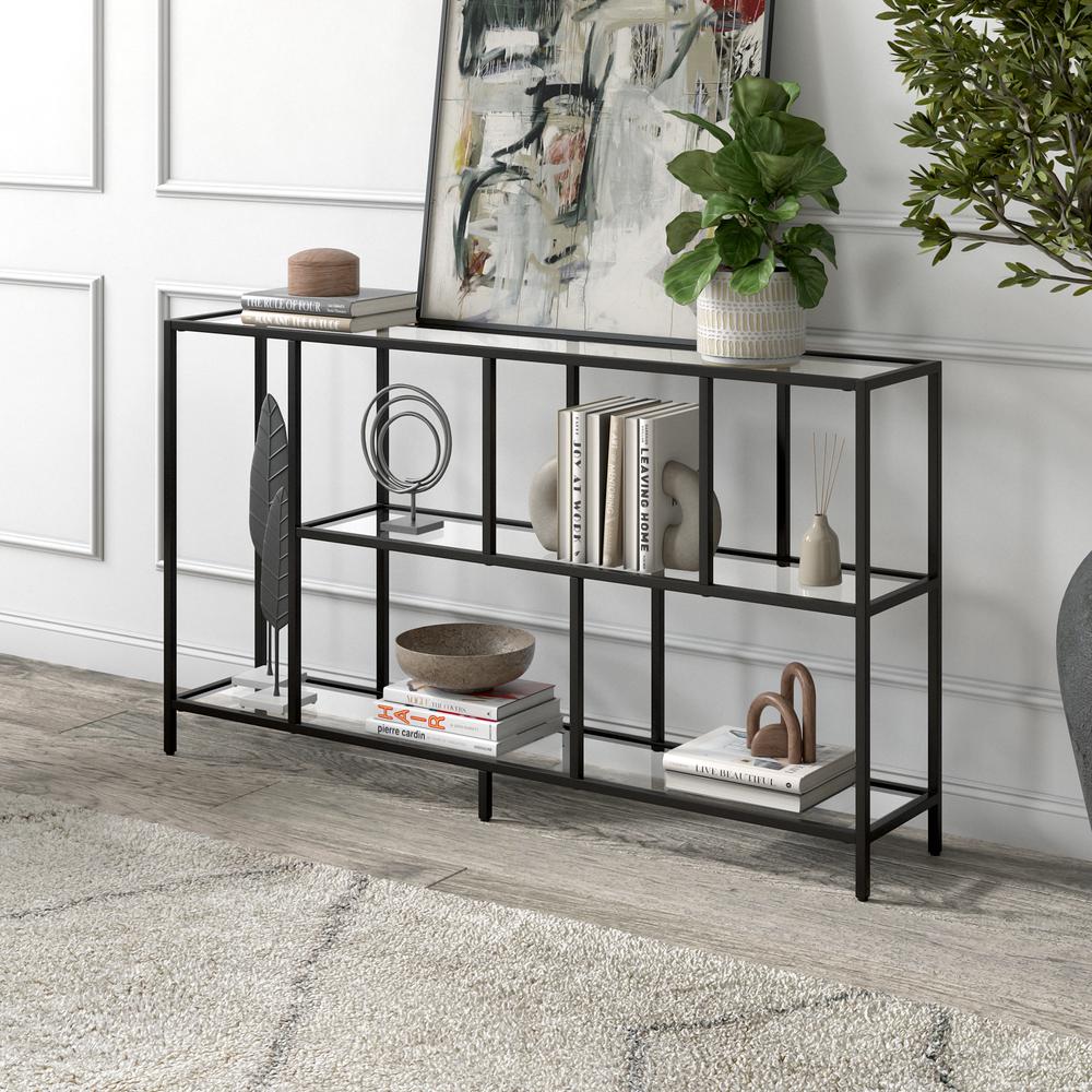 Winthrop 52" Wide Rectangular Console Table with Glass Shelves in Blackened Bronze. Picture 2