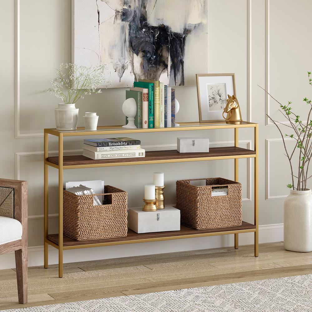 Felicia 47.6'' Wide Rectangular Console Table in Gold/Walnut. Picture 2