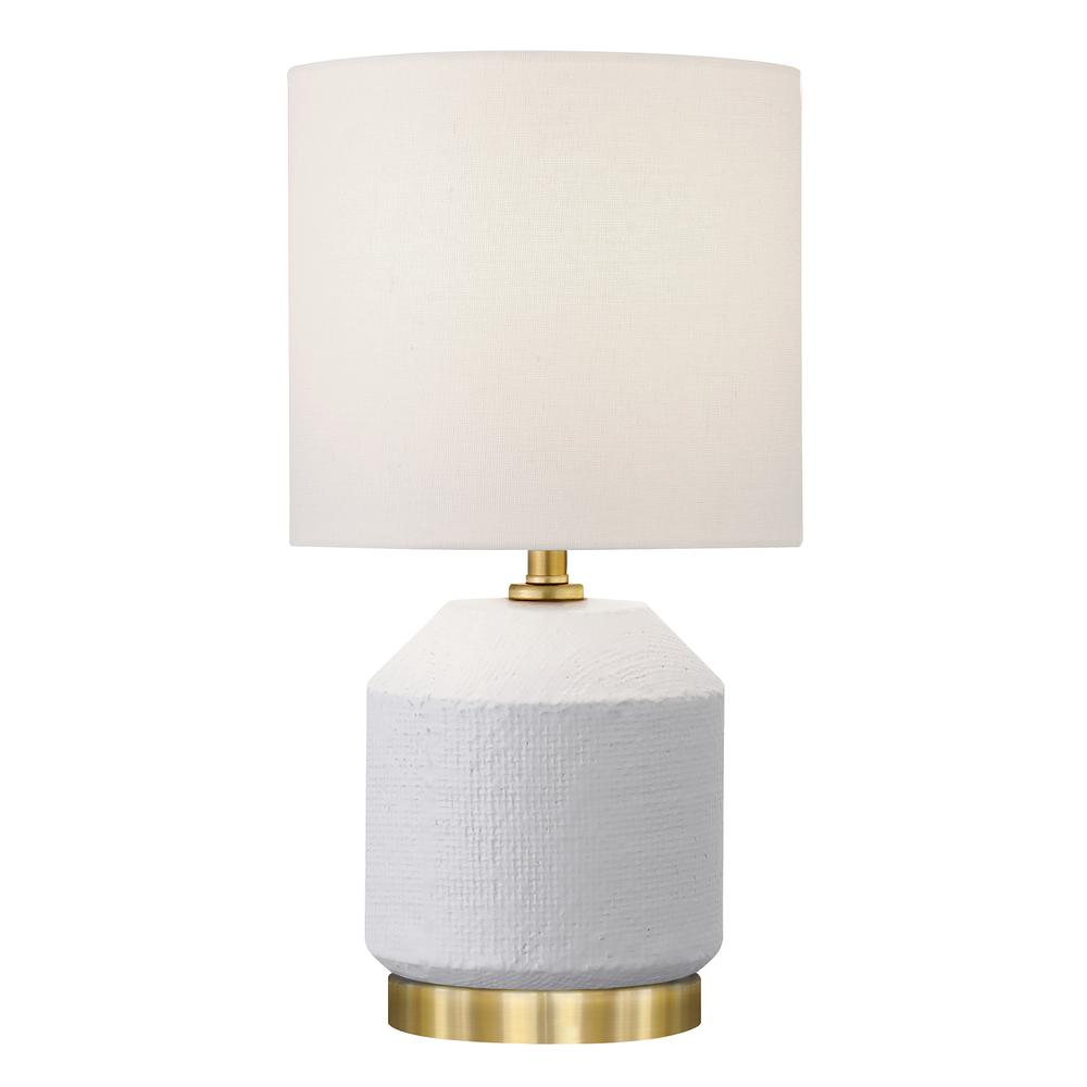 15" Tall Textured Ceramic Mini Lamp with Fabric Shade, Matte White/Antique Brass. Picture 1