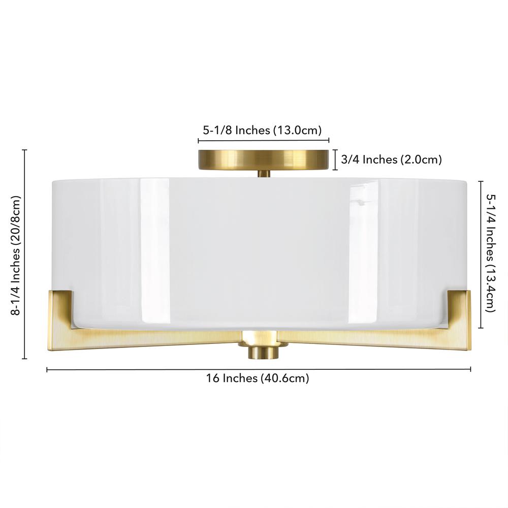 Hamlin 17" Wide 2-Light Semi Flush Mount with Glass Shade in Brushed Brass/White. Picture 5