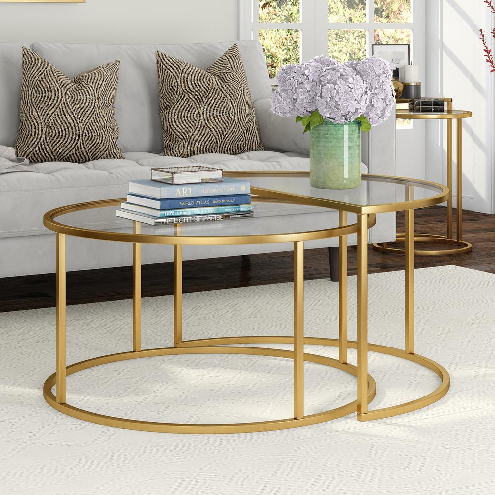 Luna Round & Demilune Nested Coffee Table in Brass. Picture 2