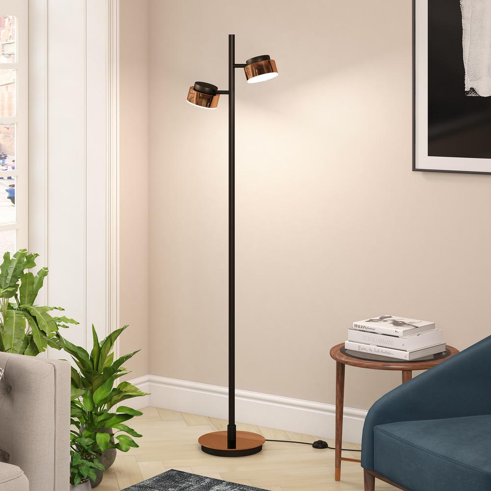 Jex 2-Light Floor Lamp with Metal Shade in Blackened Bronze/Copper/Copper. Picture 3