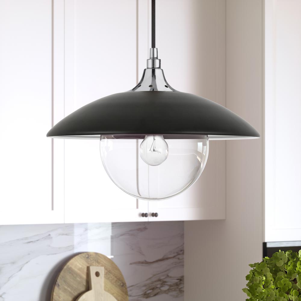 Alvia 14.5" Wide Pendant with Metal/Glass Shade in Matte Black/Polished Nickel/Matte Black. Picture 2