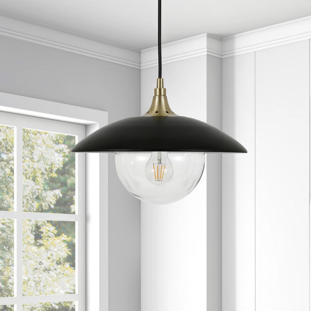 Alvia 14.5" Wide Pendant with Metal/Glass Shade in Matte Black/Brass/Matte Black. Picture 2