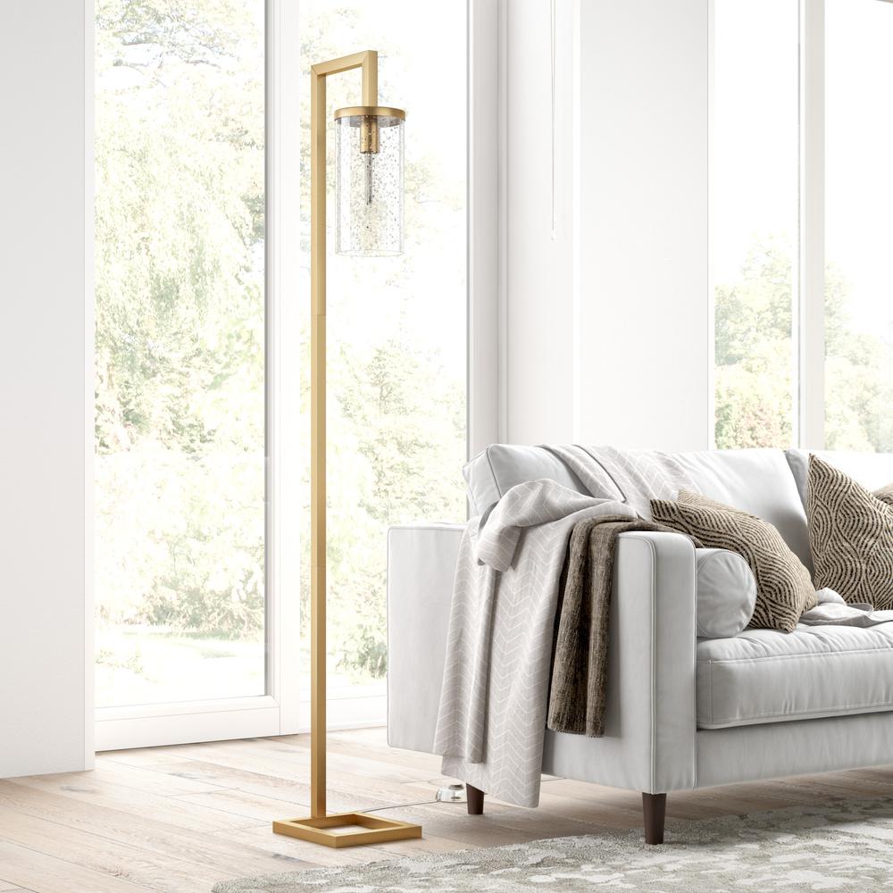 Malva 67.75" Tall Floor Lamp with Glass Shade in Brass/Seeded. Picture 2