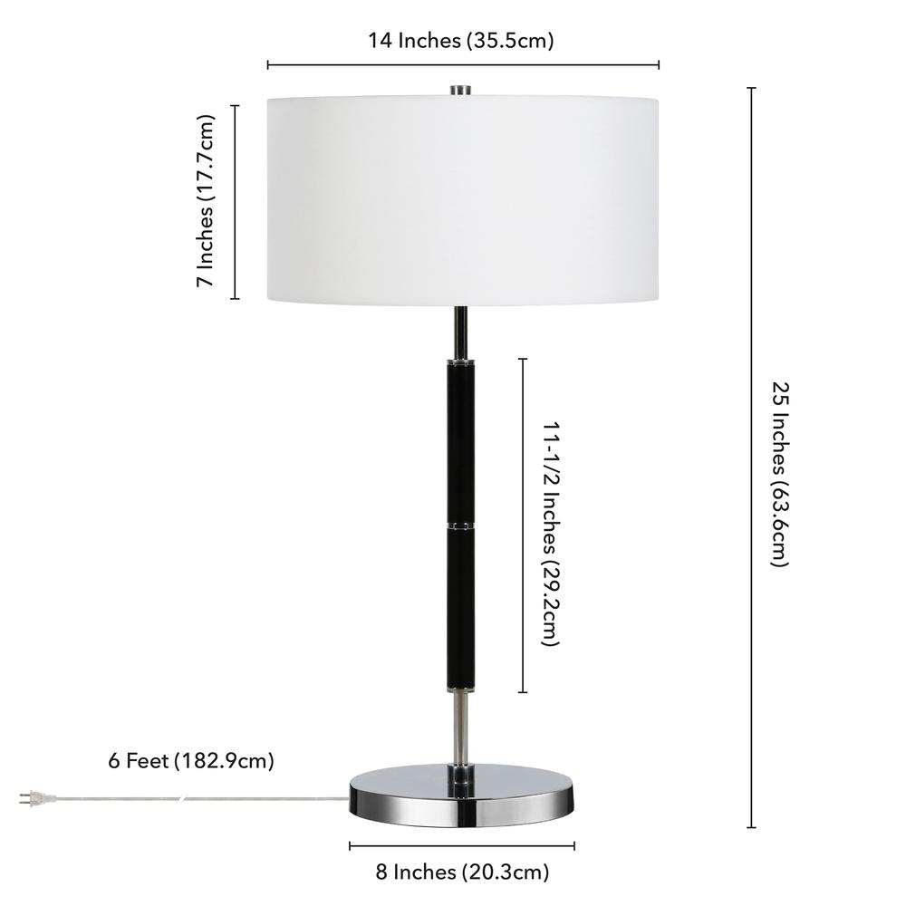 Simone 25" Tall 2-Light Table Lamp with Fabric Shade in Black/Polished Nickel/White. Picture 4
