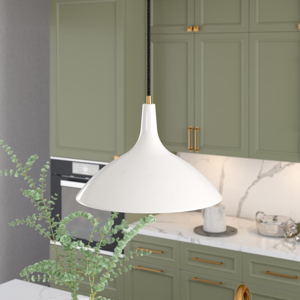 Barton 14" Wide Pendant with Metal Shade in Pearled White/Brass/Pearled White. Picture 2