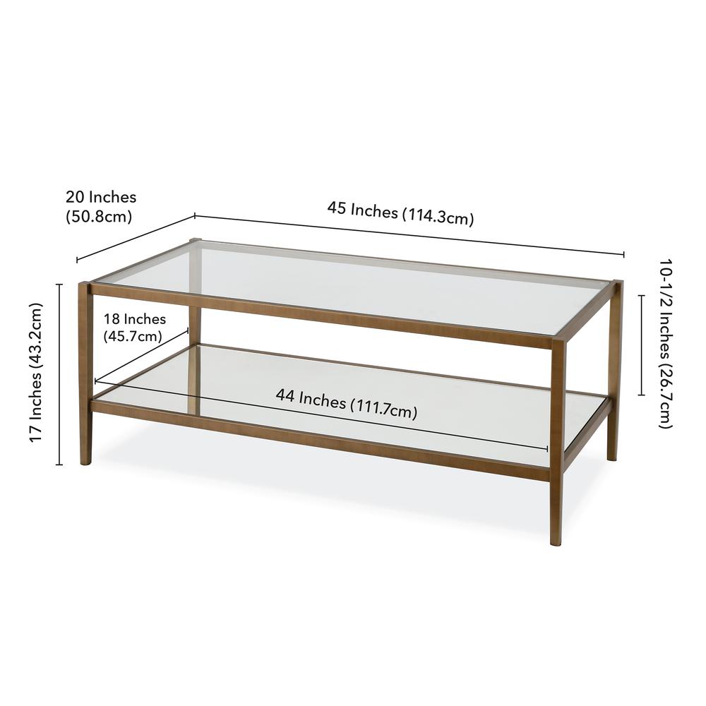 Hera 45'' Wide Rectangular Coffee Table with Glass Shelf in Brass. Picture 5