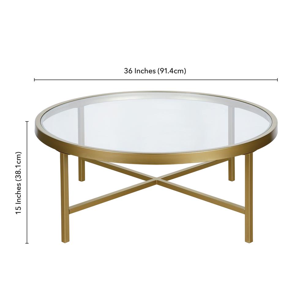 Xivil 36'' Wide Round Coffee Table with Glass Top in Brass. Picture 5