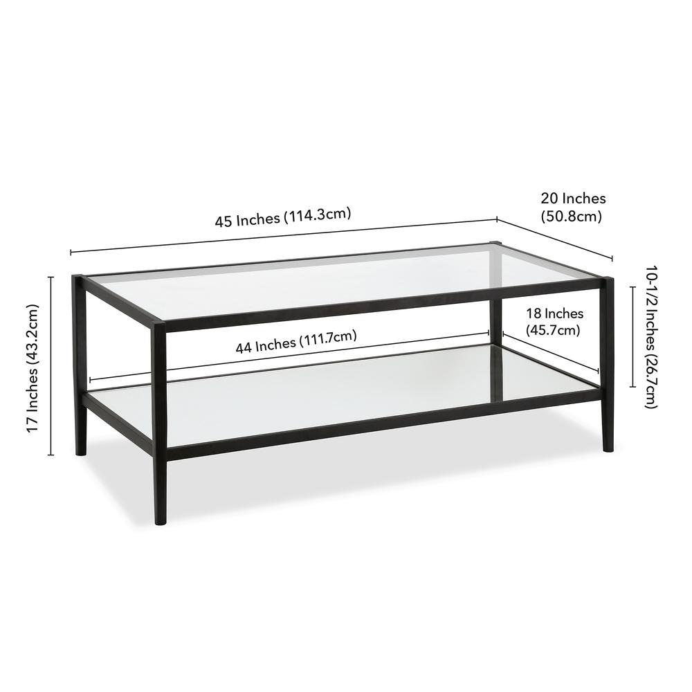 Hera 45 Wide Rectangular Coffee Table with Glass Shelf in Blackened Bronze. Picture 6