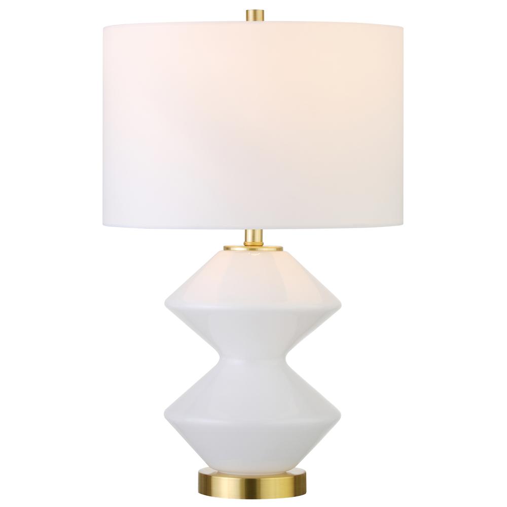Caserta 22.75" Tall Double Gourd Lamp with Fabric Shade in Matte White/Brass/White. Picture 2