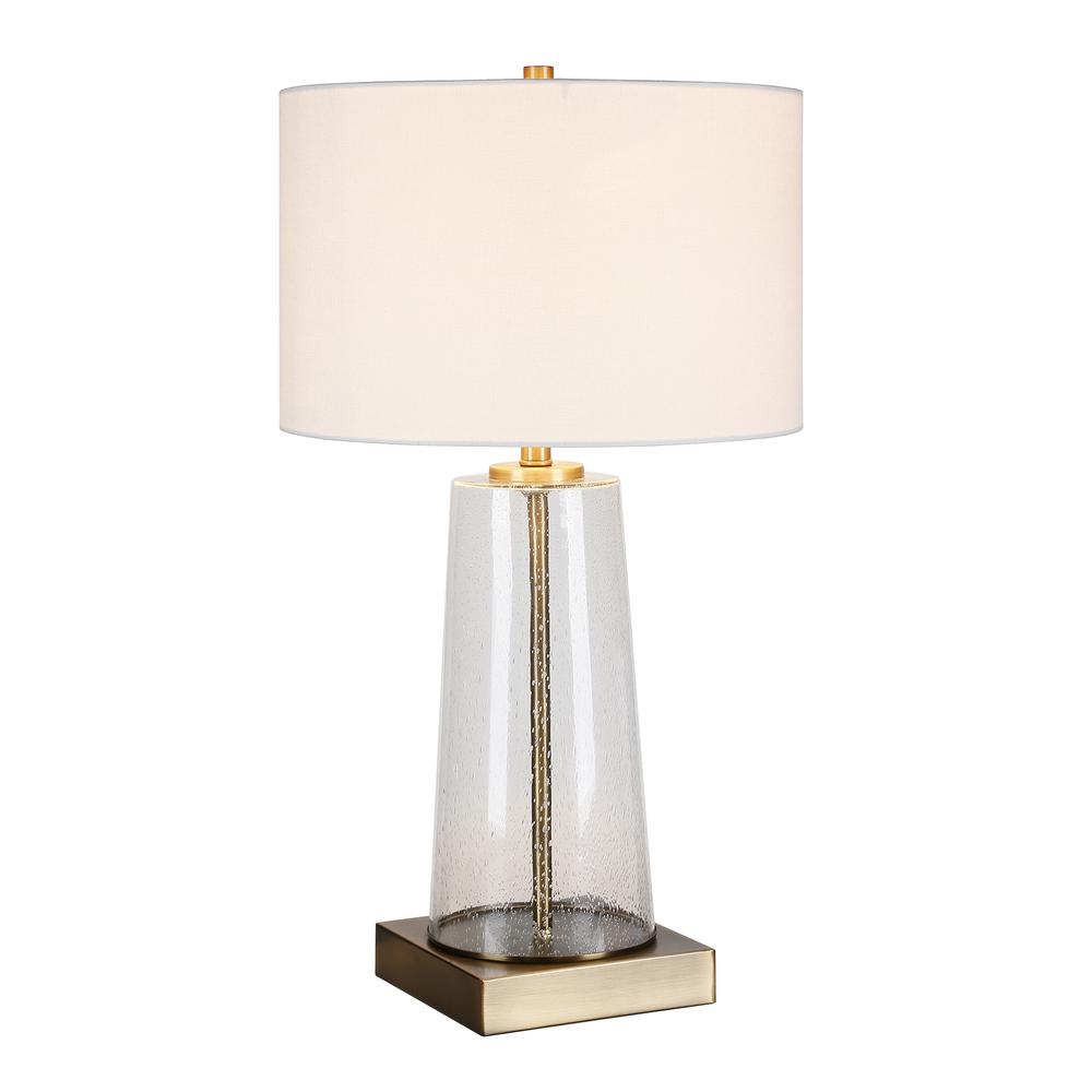 Dax 27.5" Tall Table Lamp with Fabric Shade in Seeded Glass/Brass/White. Picture 3