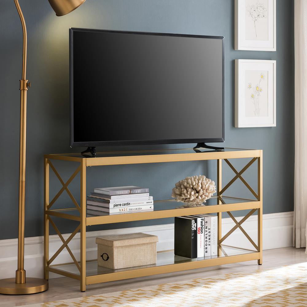 Hutton Rectangular TV Stand for TV's up to 50" in Brass. Picture 2