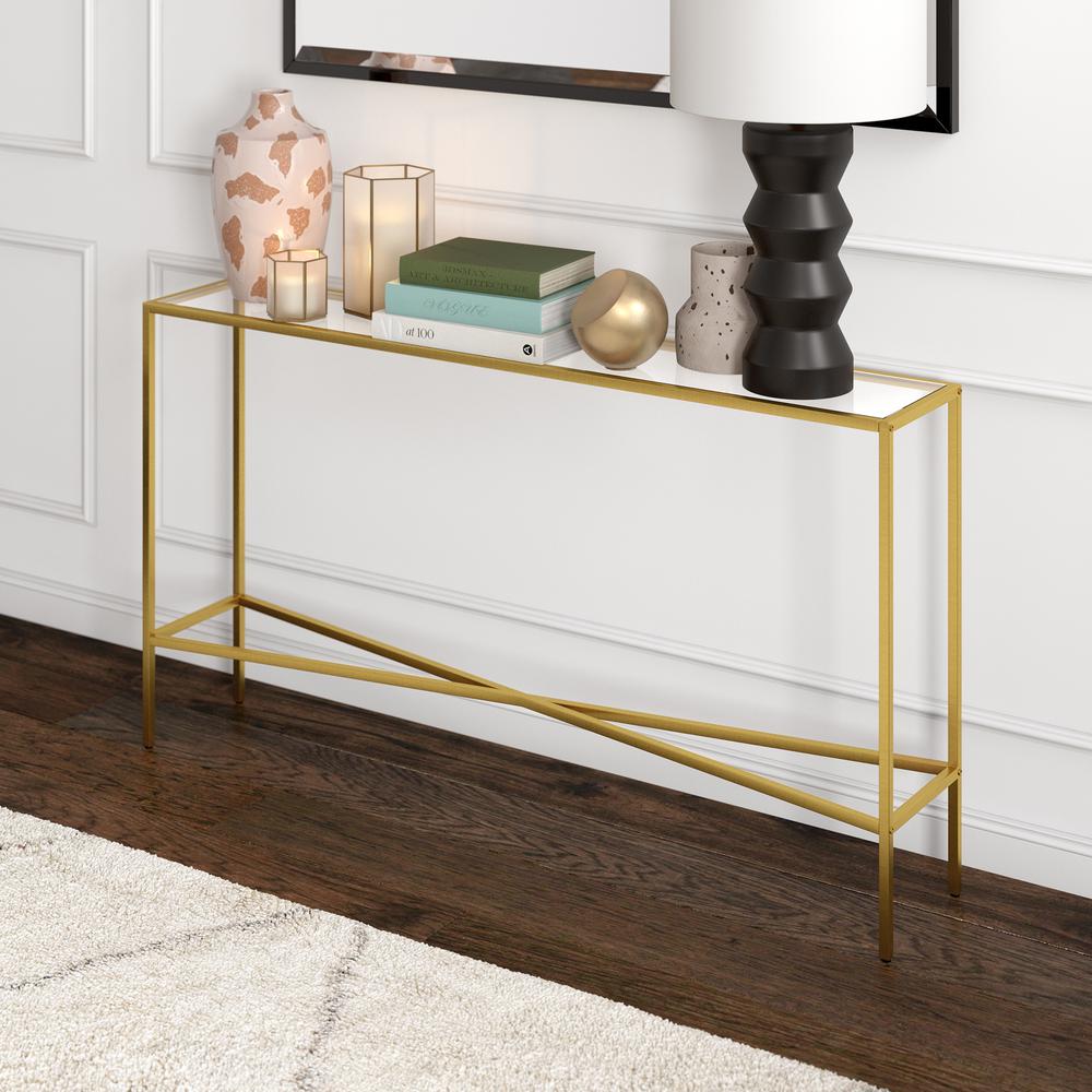 Henley 55'' Wide Rectangular Console Table with Glass Top in Brass. Picture 2
